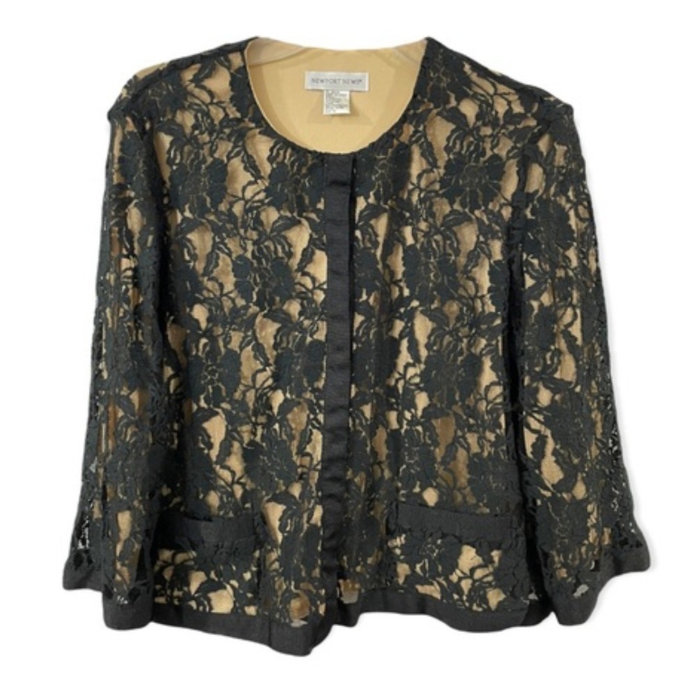 VTG Newport News BLACK LACE JACKET TOP Nude Knit Liner SNAP-UP 3/4-Sleeves SZ 14